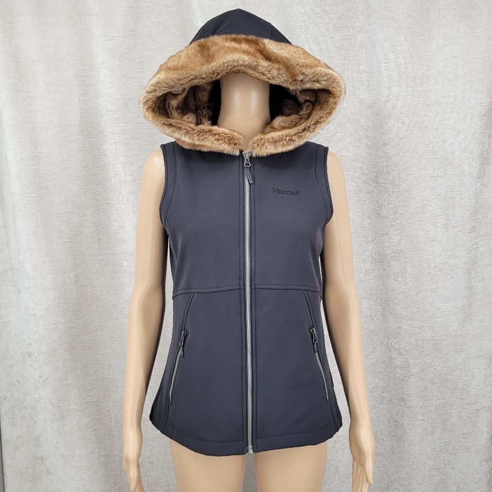 Marmot Women's Black Hooded Vest with Faux Fur Lining Fleece Lined